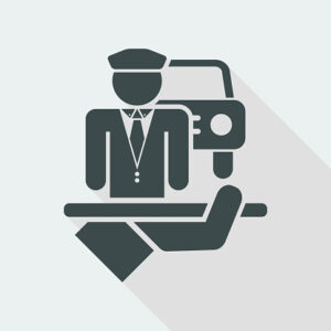 A flat icon of a man holding a tray with a car on it, inspired by chauffeur culture.