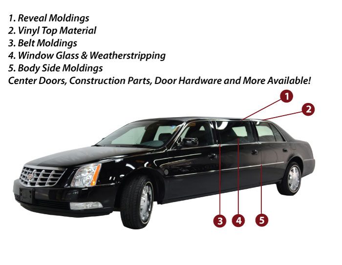 Diagram of a black hearse with labeled molding parts.
