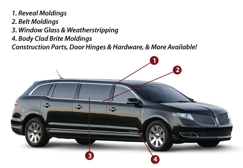 A black car with numbered exterior moldings and parts indicated.