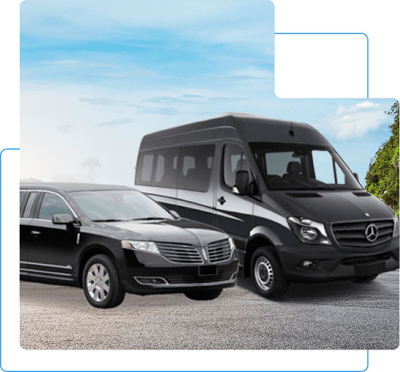 Black luxury van and sedan on road.