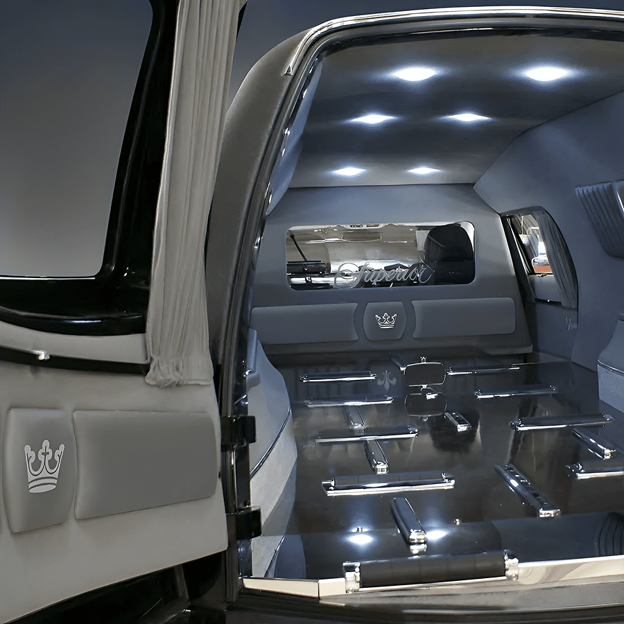 Luxurious interior of a modern hearse.