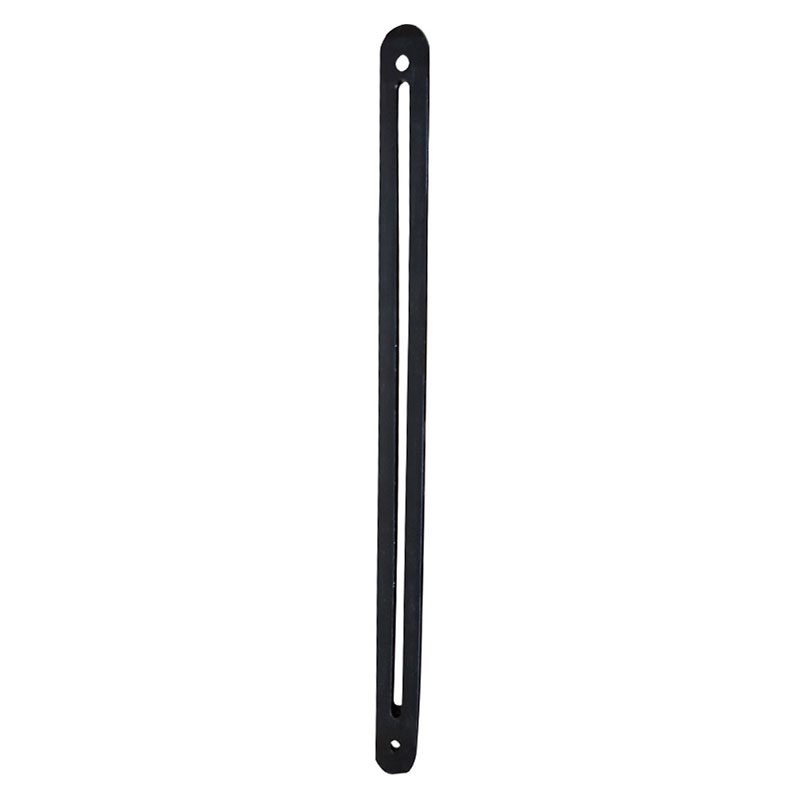 Black elongated metal strip with two holes and a long slot in the middle.