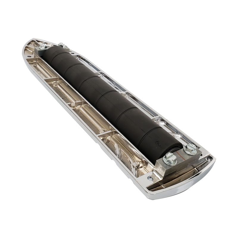 A metal and rubber car bumper isolated on white.