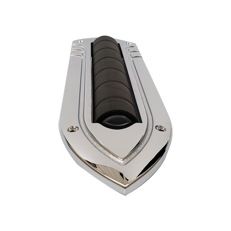 Chrome guitar bridge with black saddles.