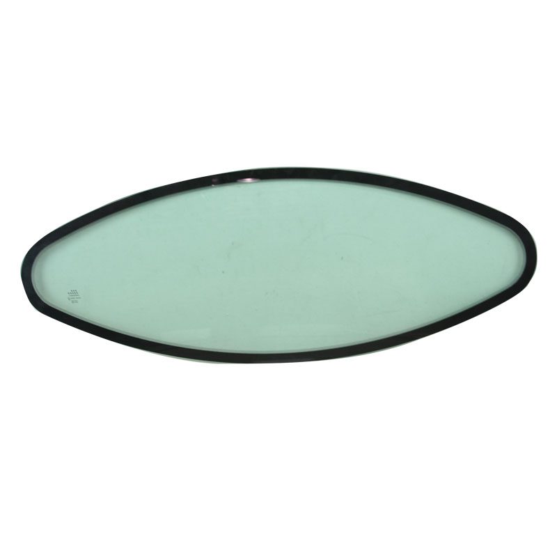 Oval-shaped light green glass mirror with black frame.