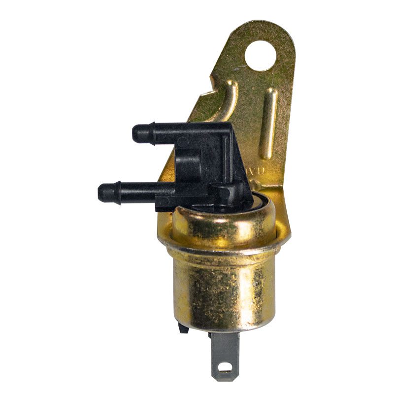 A brass fuel pump with mounting bracket and connectors.