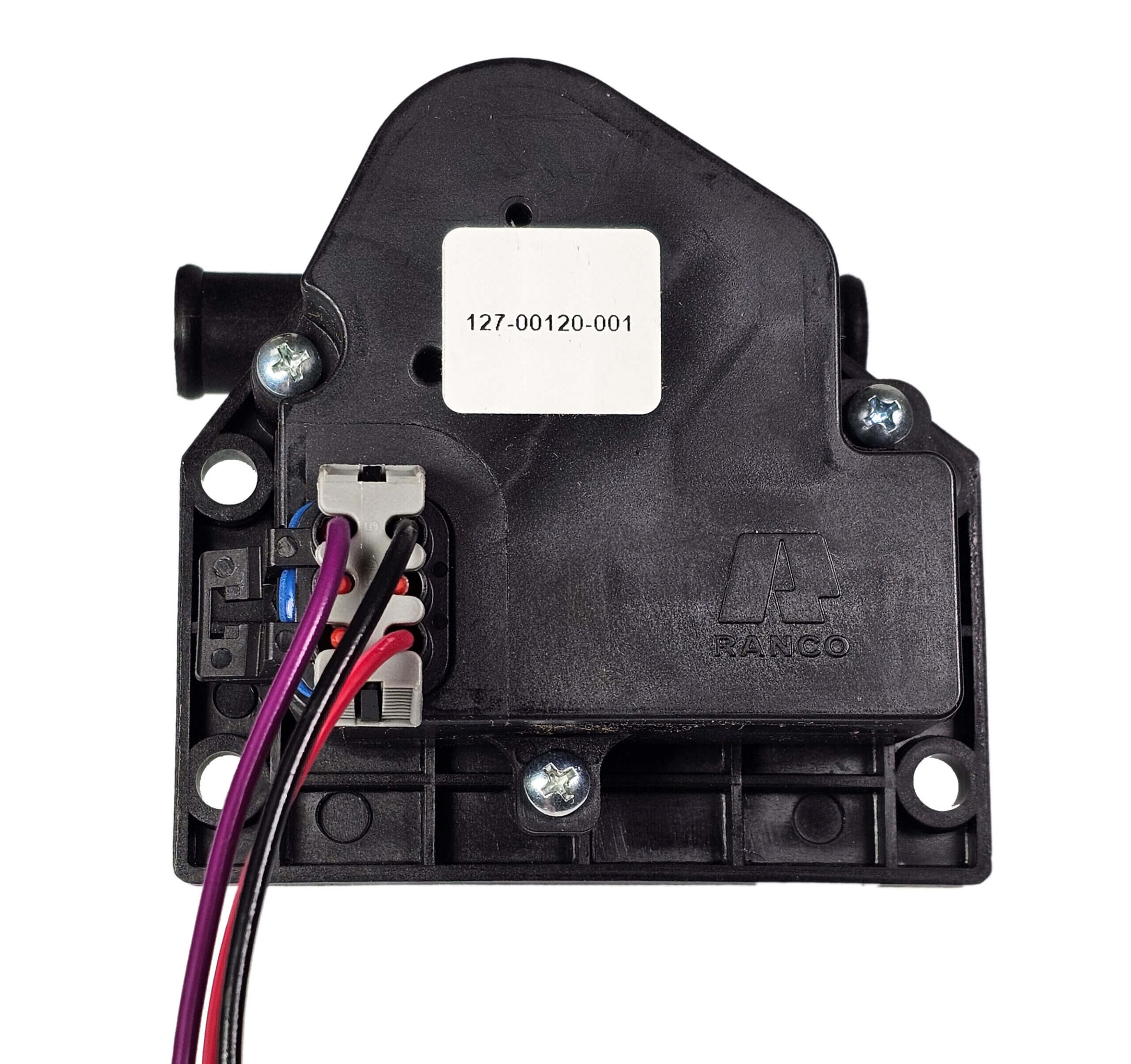 Black electronic actuator with wiring and mounting holes.