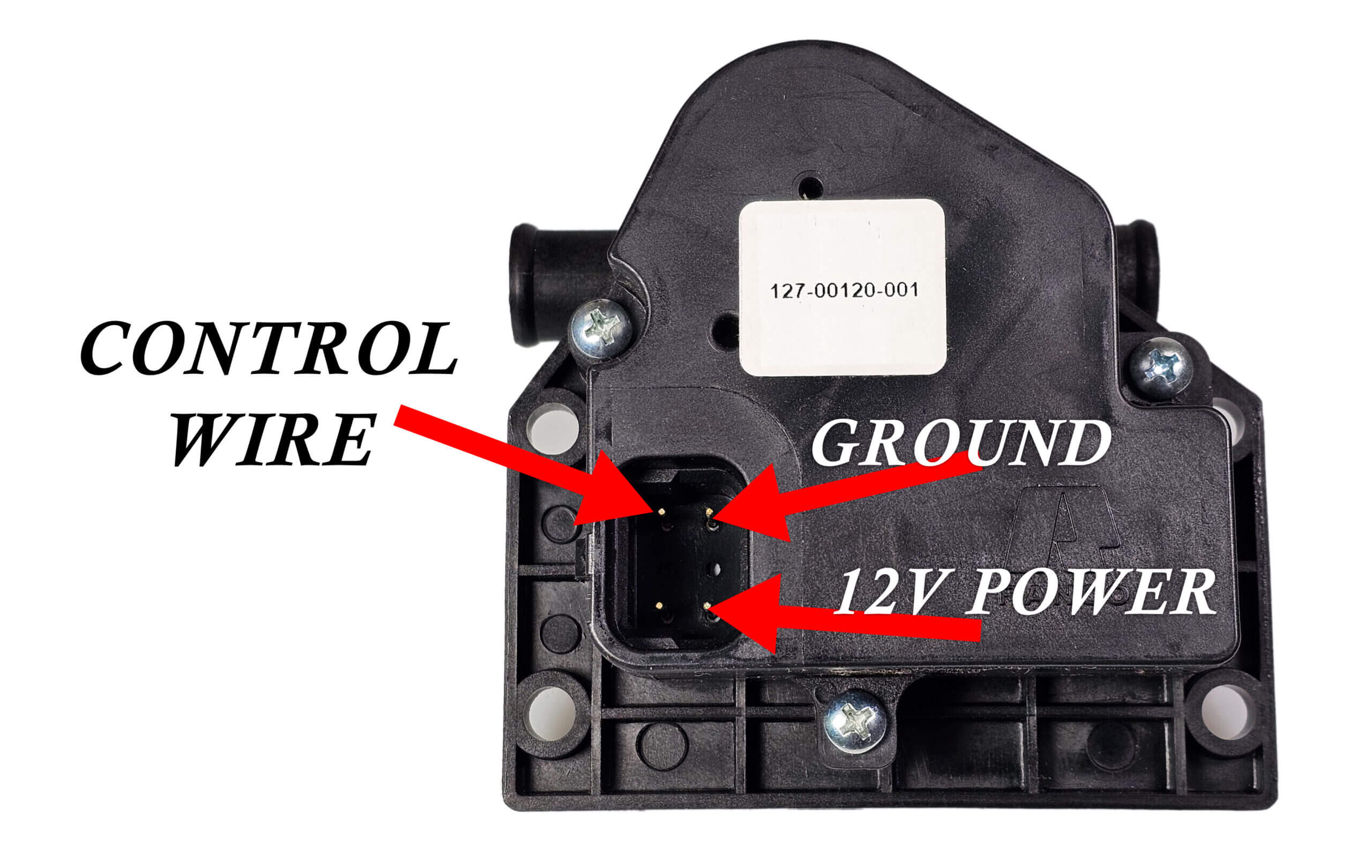 Labeled electrical connector with ground and 12V power terminals.