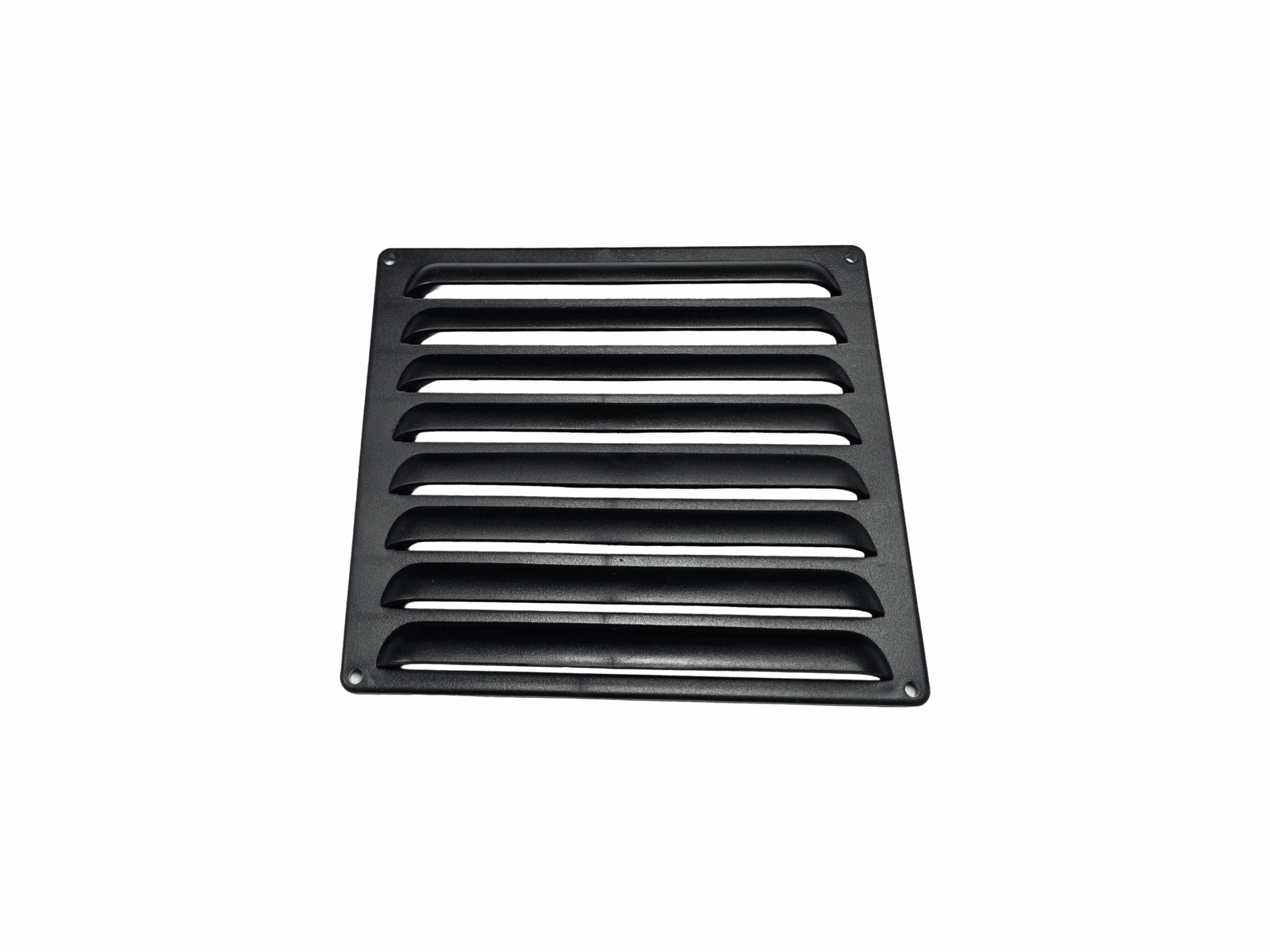 Black metal ventilation grille with horizontal slats and mounting holes.
