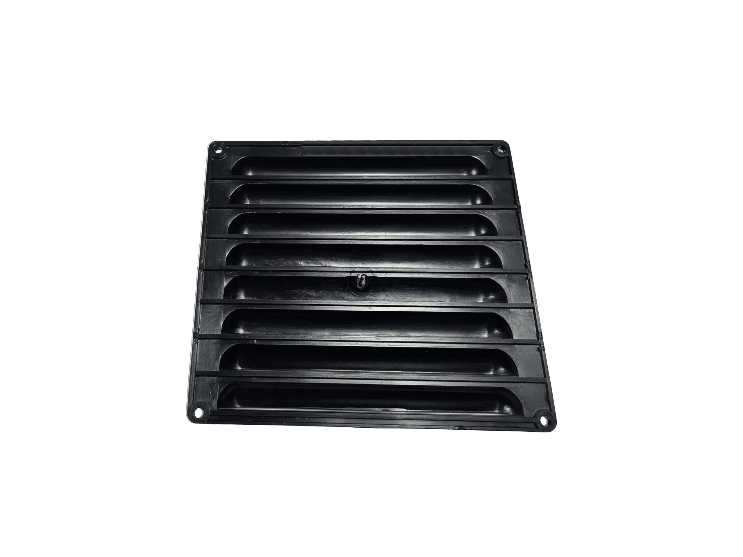 Close-up of a black plastic ventilation grille with horizontal slats.