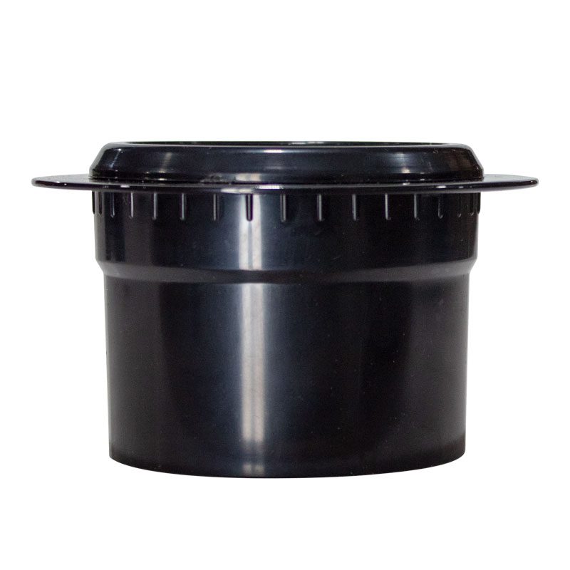 Black plastic container with a lid, likely for food storage.