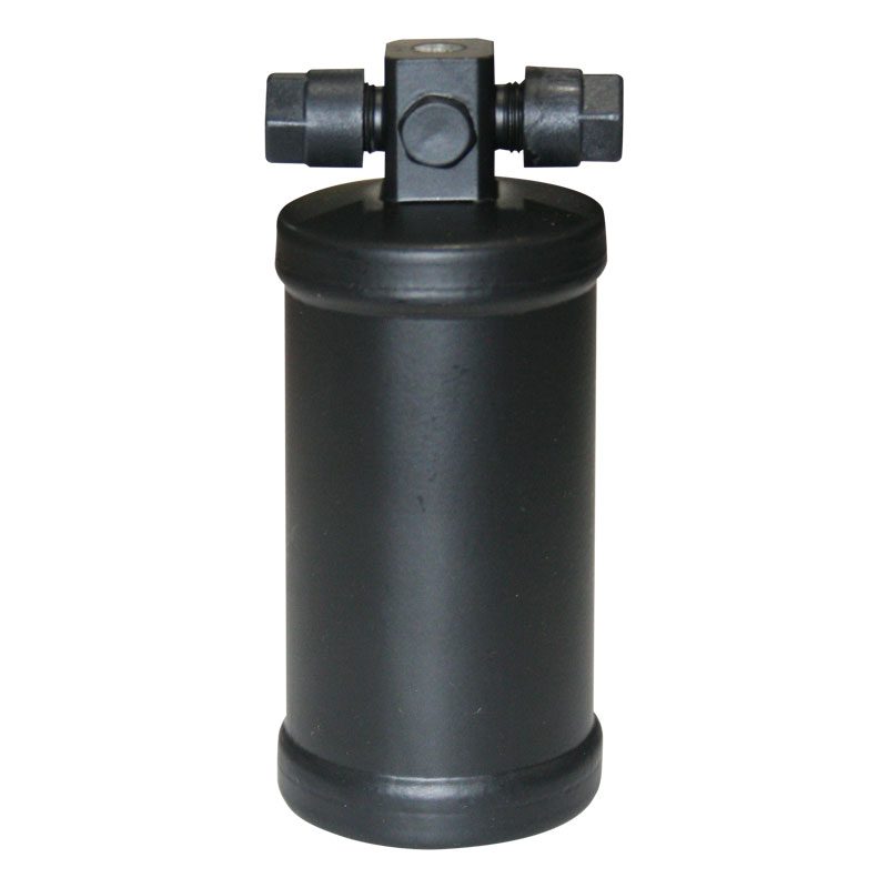 Black cylindrical filter or dryer with connectors on top against white background.