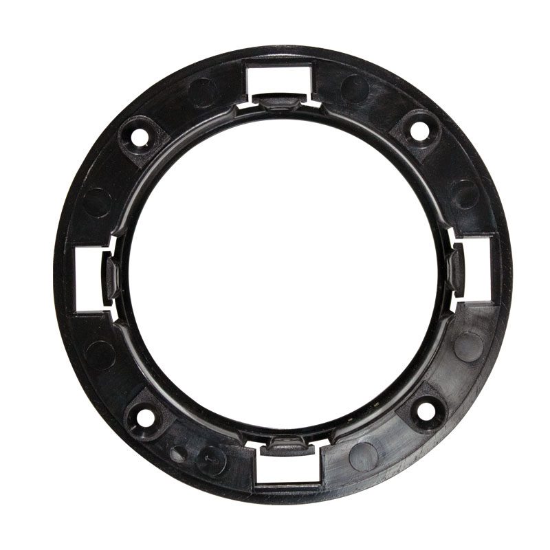 Black circular mounting bracket with multiple slots and holes.
