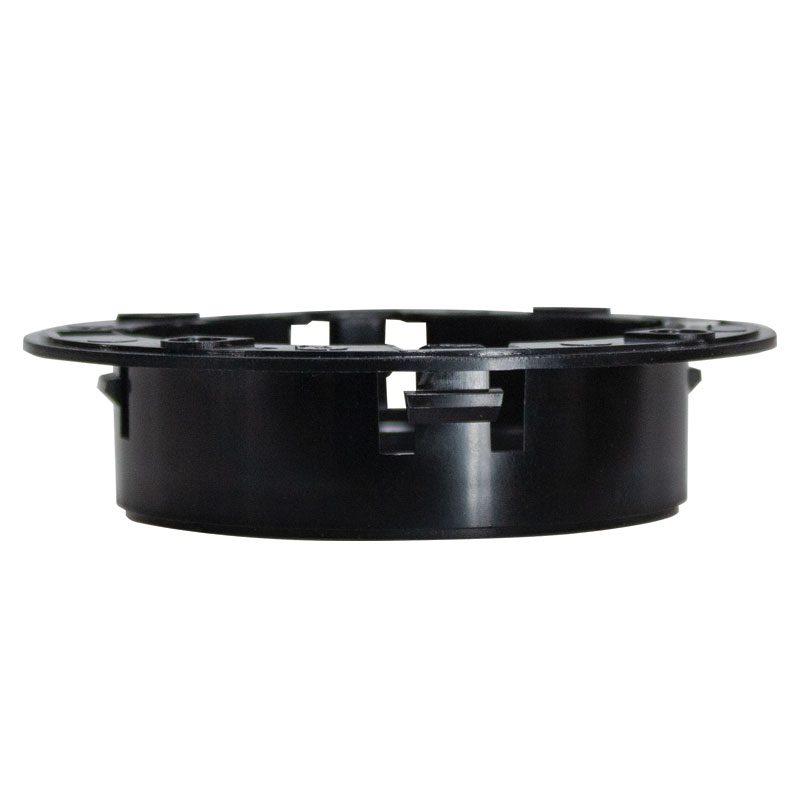 Black round plastic mounting bracket or spacer.