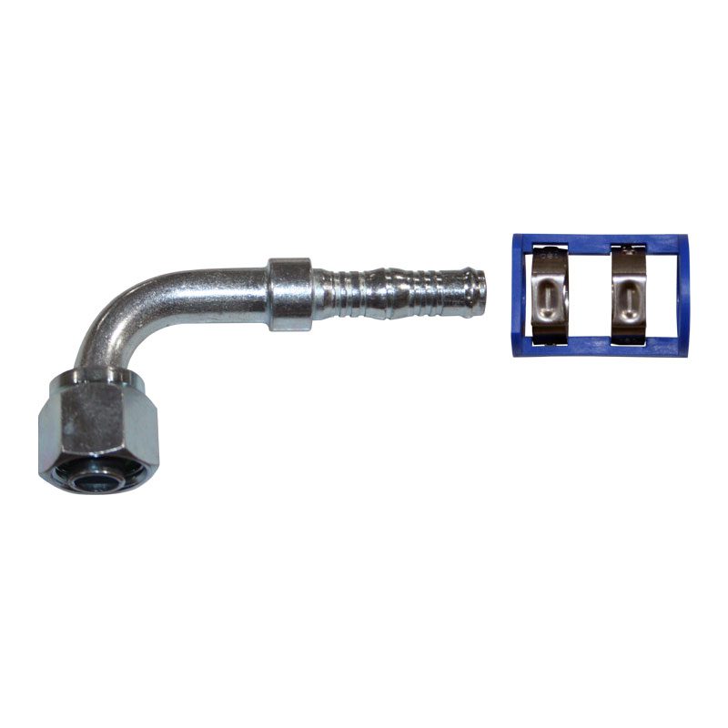 Metal pipe fitting with a blue clip on white background.
