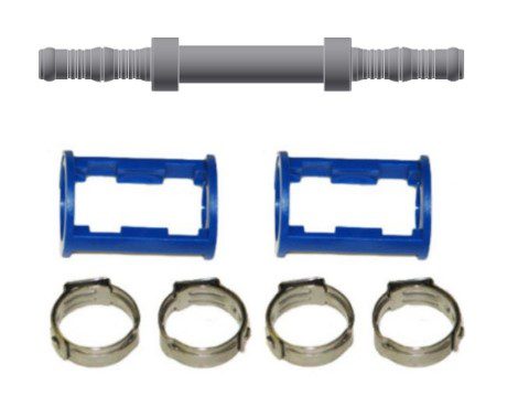 Automotive hose connector kit with clamps and blue brackets.