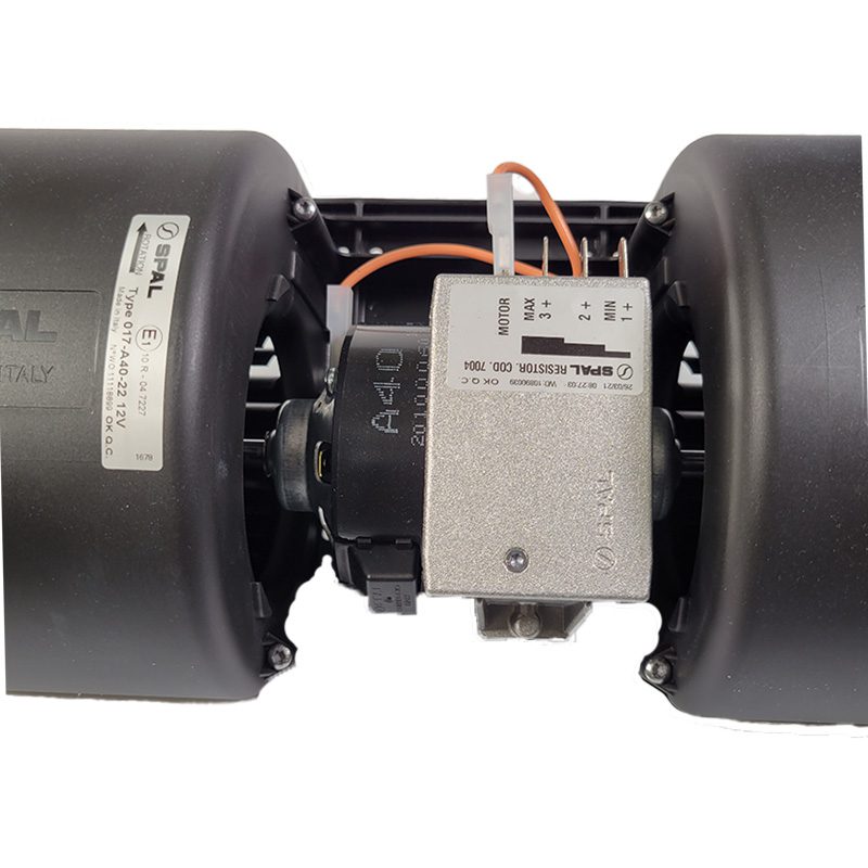 Dual black fans connected by a central motor unit with wiring.