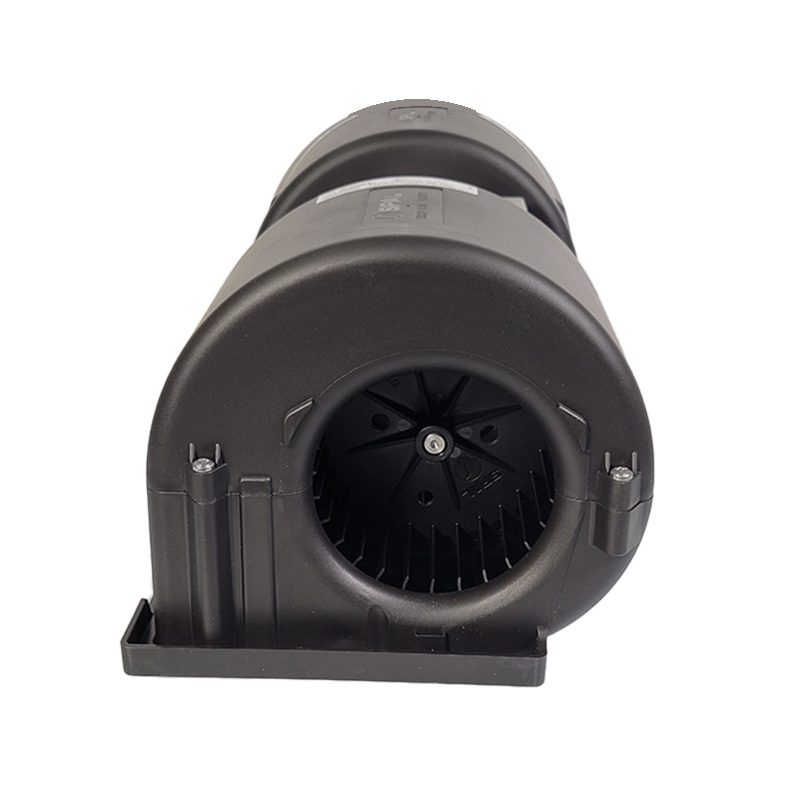 Black industrial blower fan with a cylindrical design.