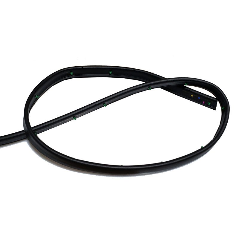 Black rubber car door seal with green clips, shaped in a loop.