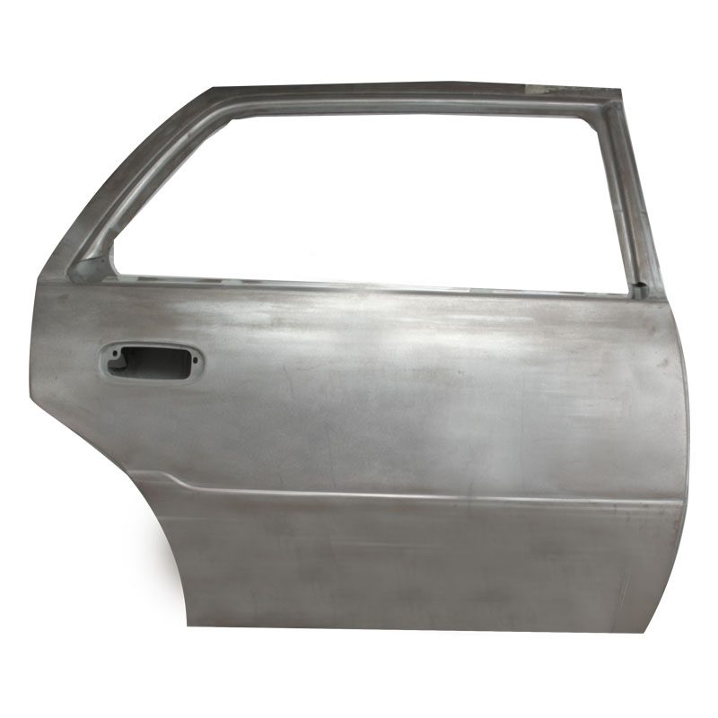 A bare metal car door without paint or accessories.