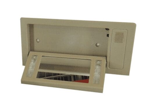 Beige car interior visor with mirror and lights.