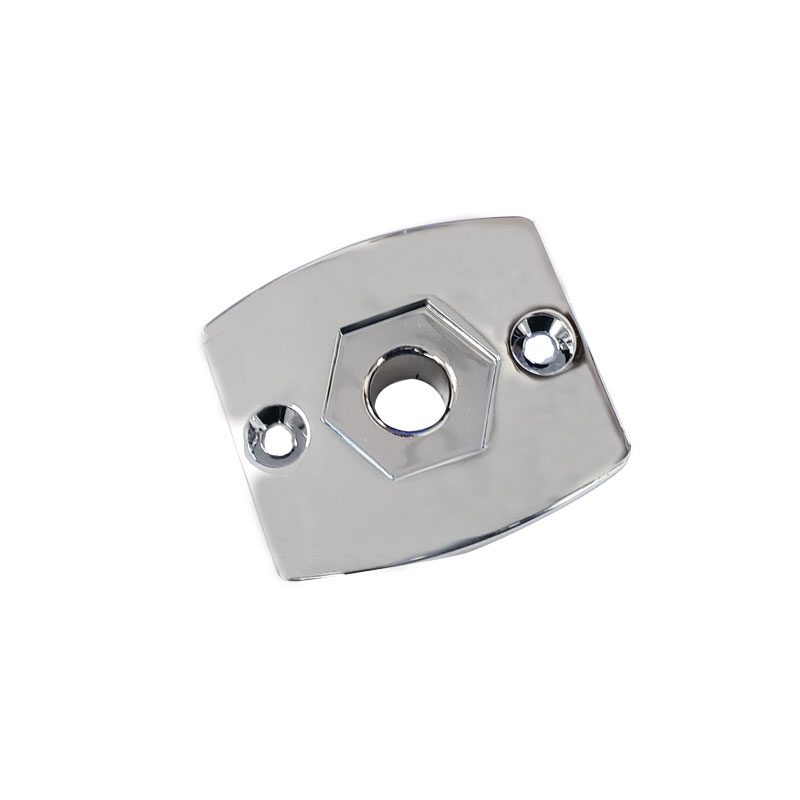 Shiny metal mounting plate with hexagonal center hole and two screw holes.