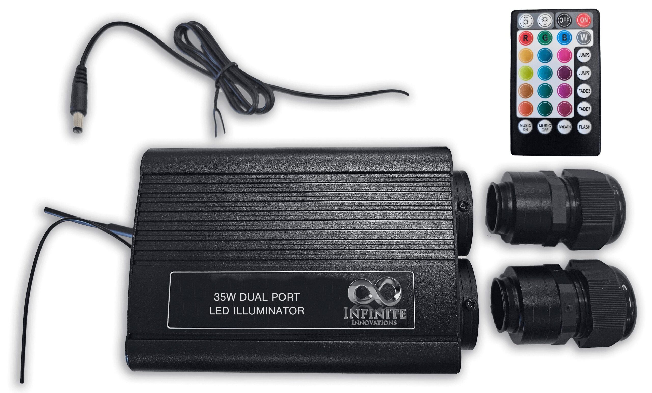 35W dual port LED illuminator with remote control and connectors.