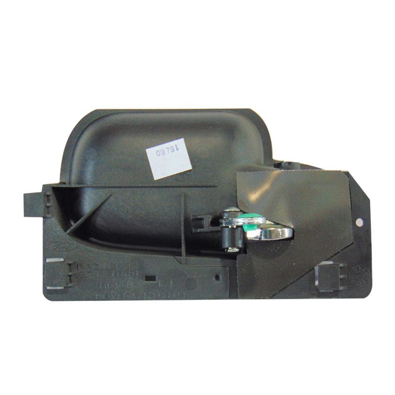 Black car door handle assembly with metal components.