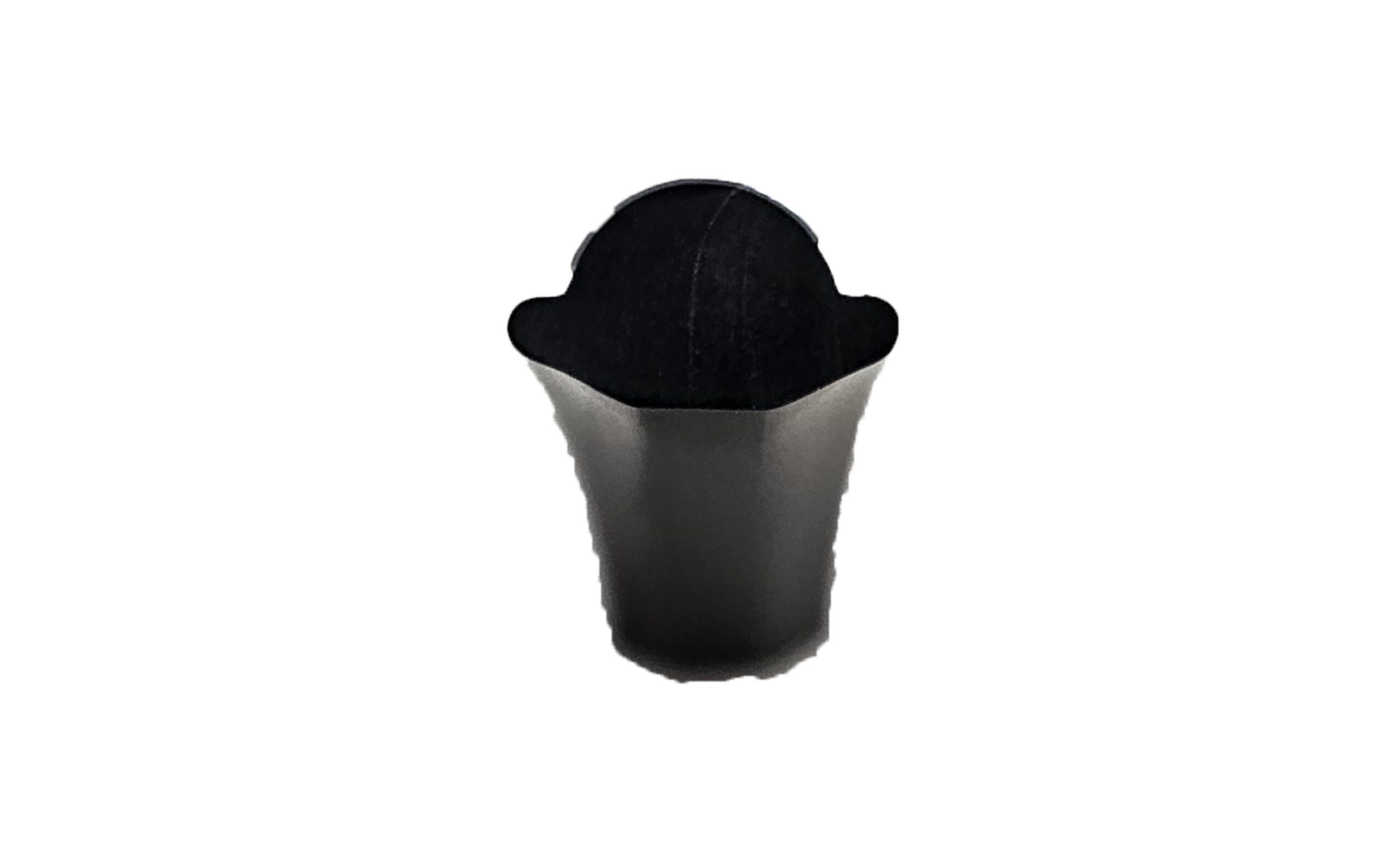 Black felt tricorn hat with a curved brim.