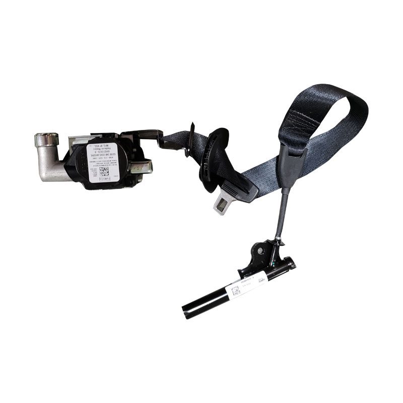 Black automotive seatbelt retractor mechanism with attached belt and mounting components.