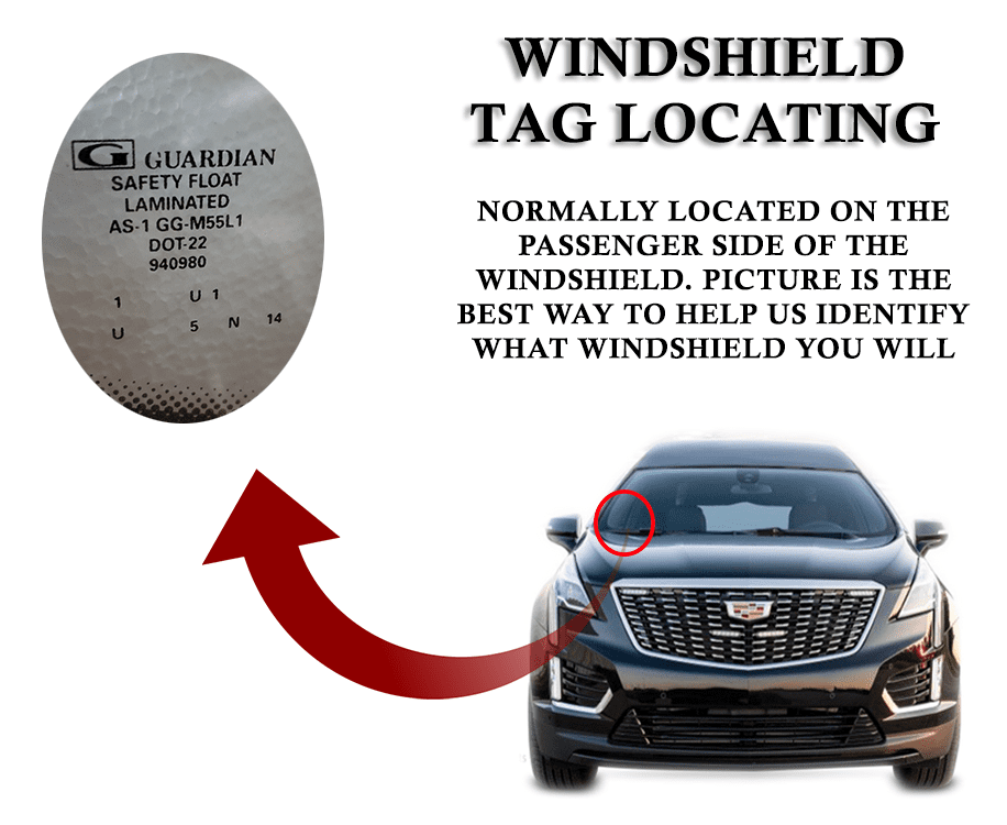 Diagram showing windshield tag location on a car's passenger side lower windshield.