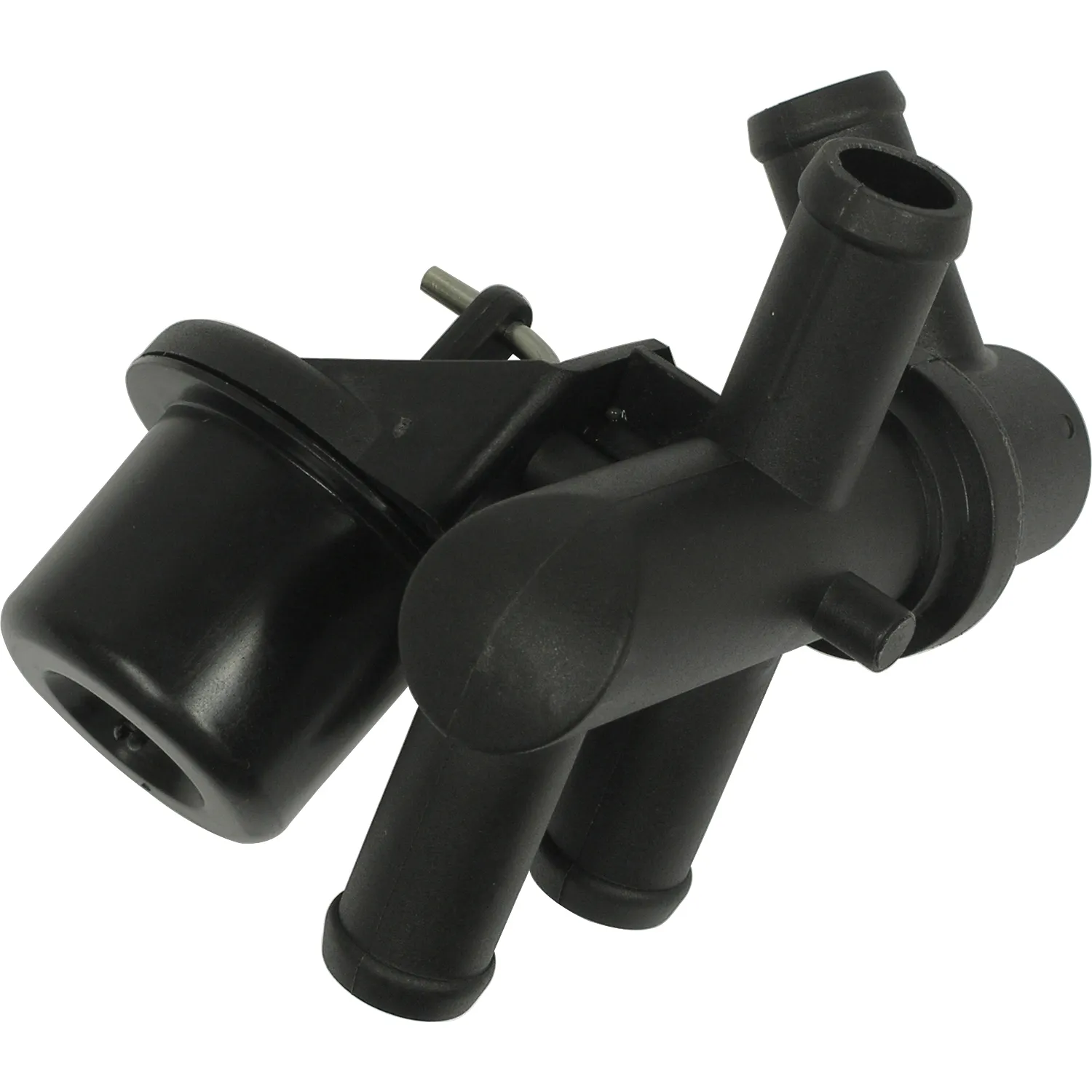 Black plastic automotive thermostat housing with multiple hose connectors.