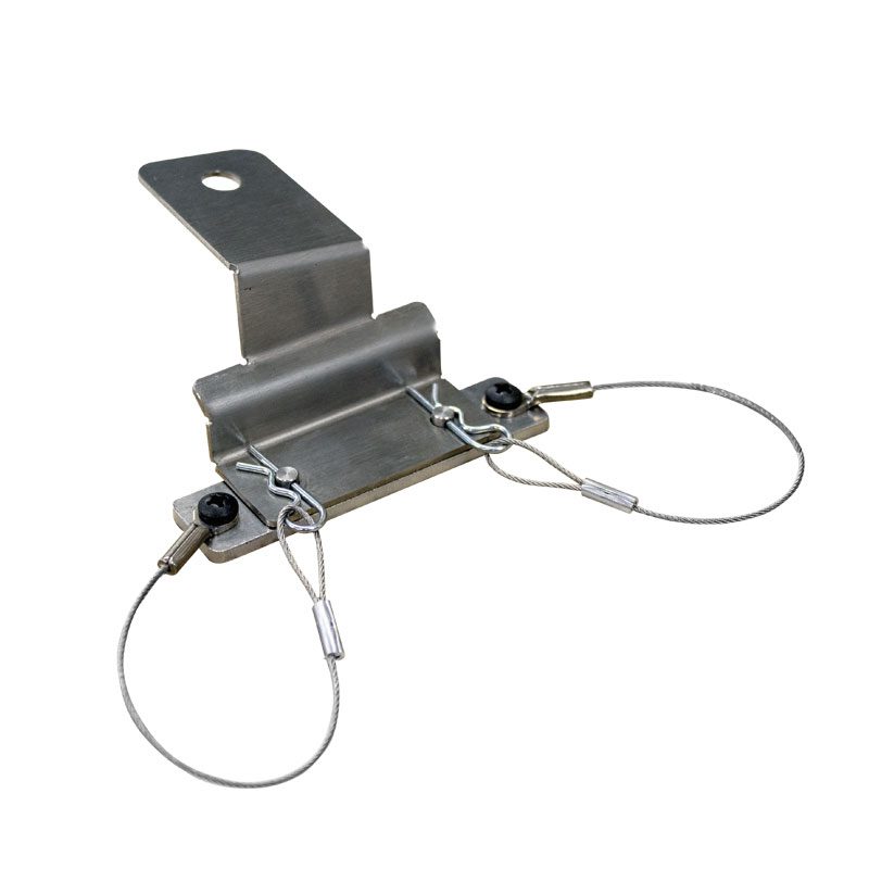 Metal bracket with wire loops for mounting or securing objects.