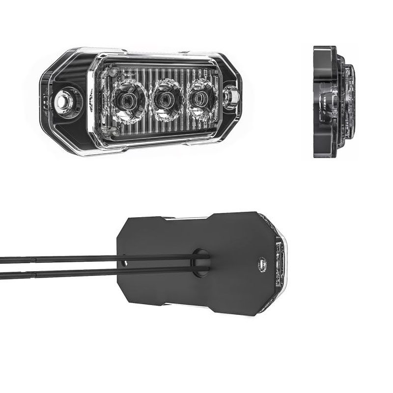 Black LED vehicle light with wiring and mounting holes.