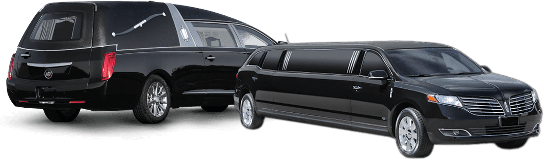 Close-up of a black limousine and a black SUV parked side by side.