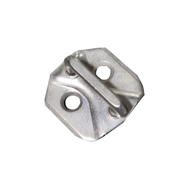 Metal latch plate with two holes and a central raised bar.