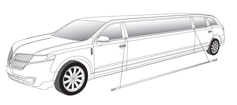 Black and white line drawing of a luxury stretch limousine.