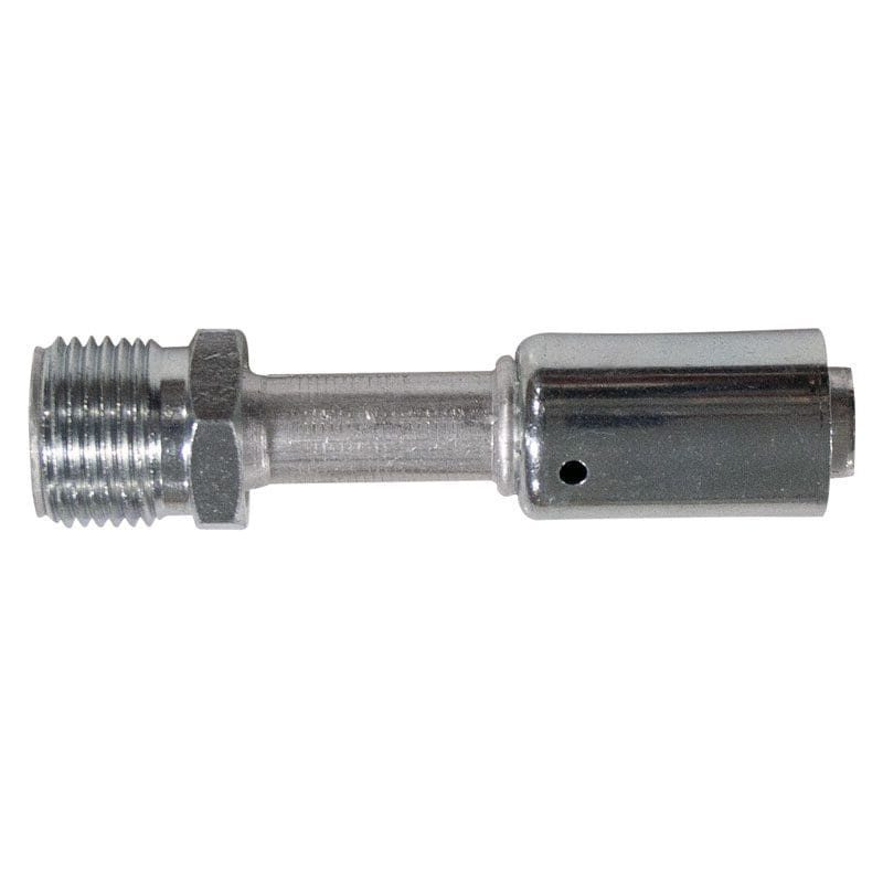 Metallic threaded connector with a cylindrical extension and hole.