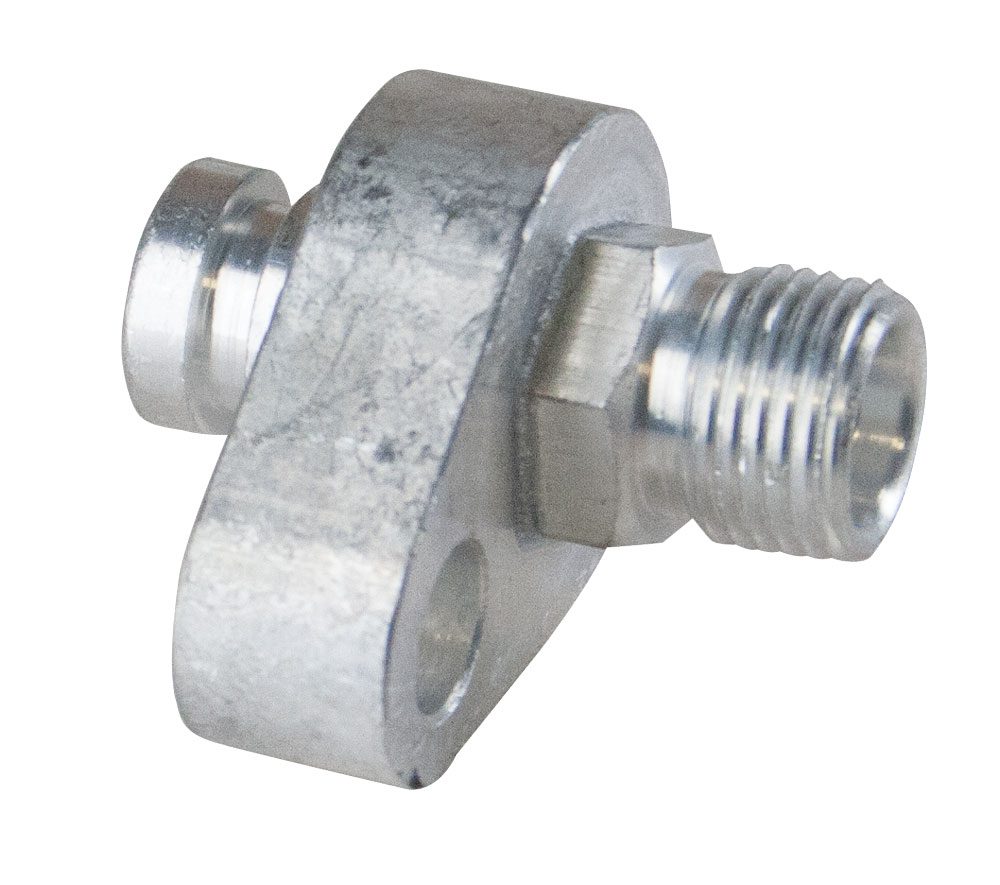 Close-up of a metal threaded fitting with a mounting plate and hole.