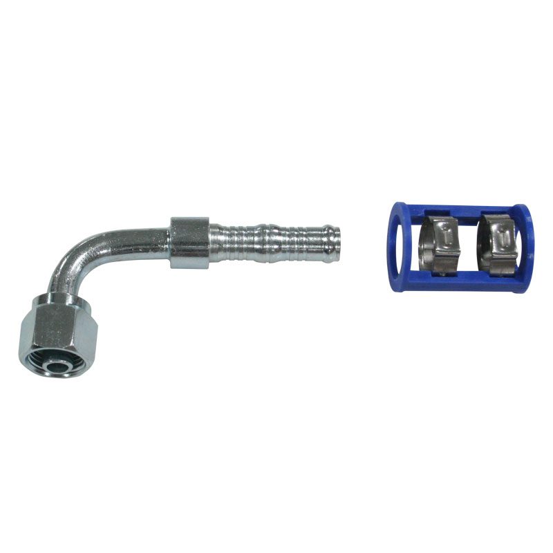 Metal hose fitting with a blue clamp holder on a white background.