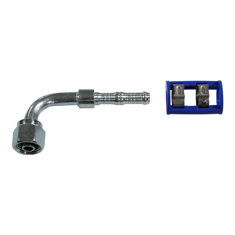 Metal hose fitting with a blue clip containing two metal clamps.