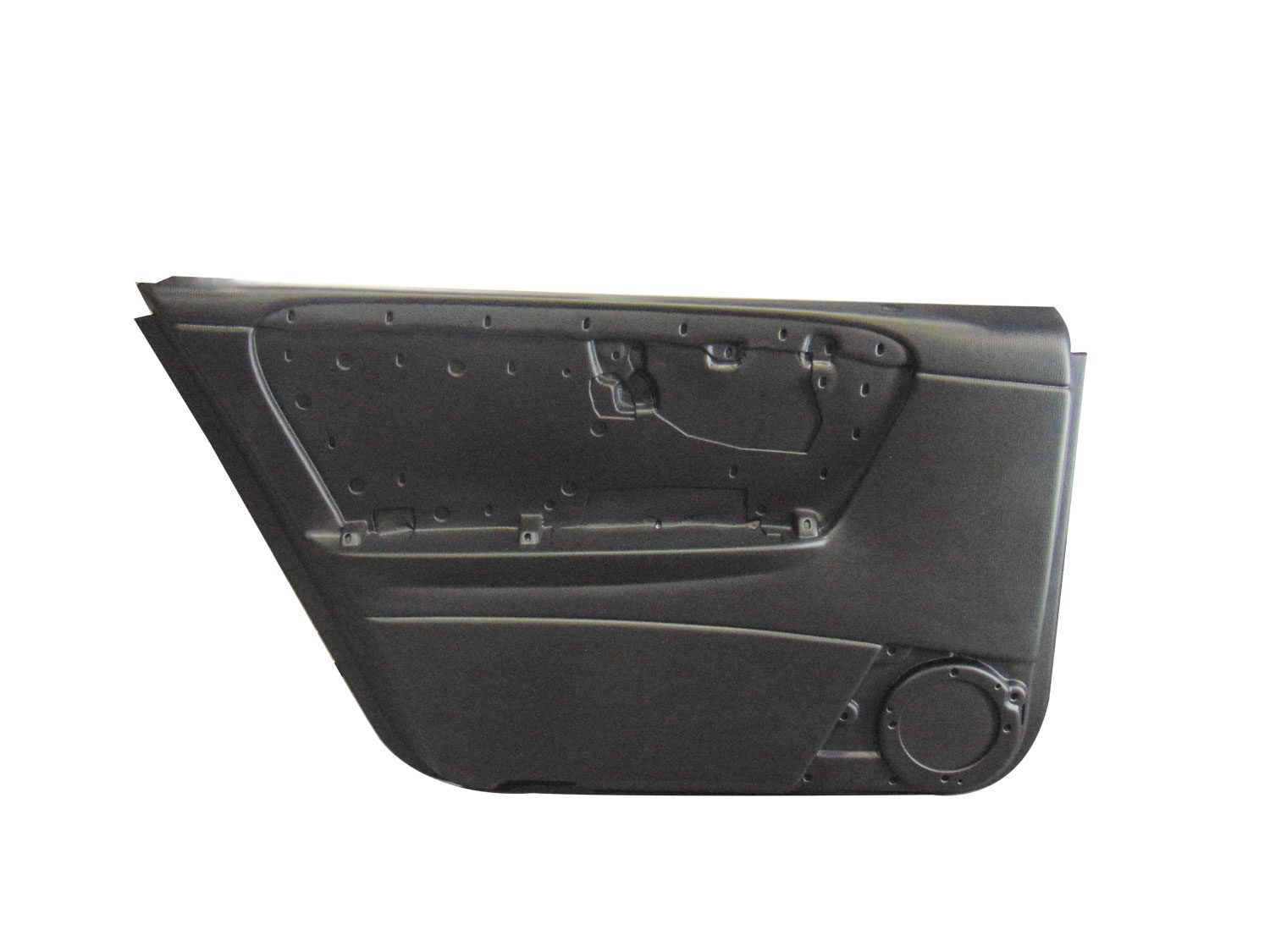 Black car door panel without trim or upholstery.