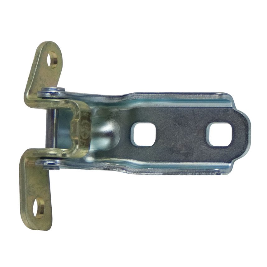 Metal hinge bracket with mounting holes.