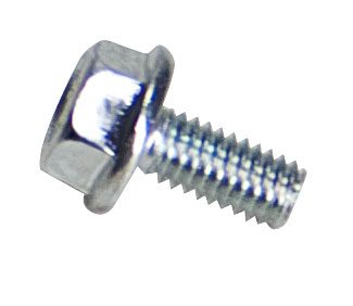 Close-up of a shiny metal bolt with threads and a hexagonal head.