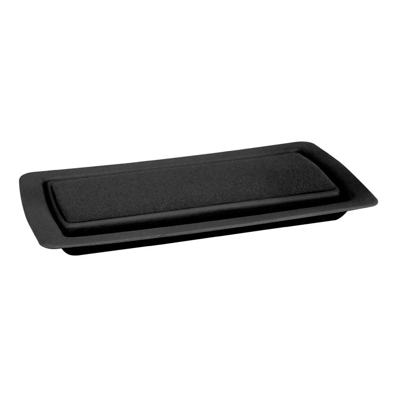 Black rectangular plastic tray with a lip edge.