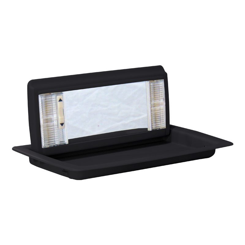 Black foldable plastic stand or holder with transparent window.