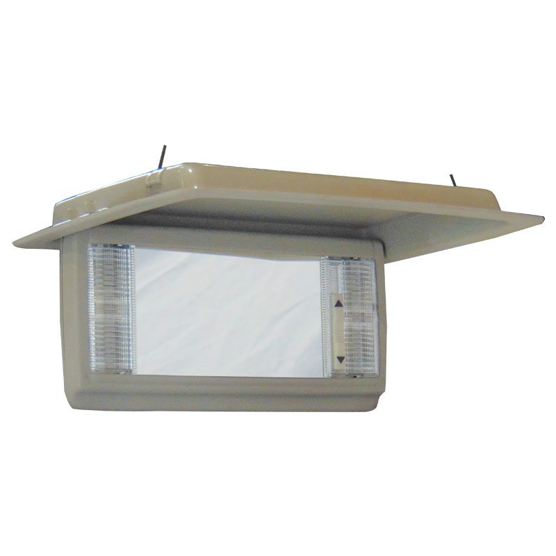 Car visor mirror with built-in lights and foldable cover.