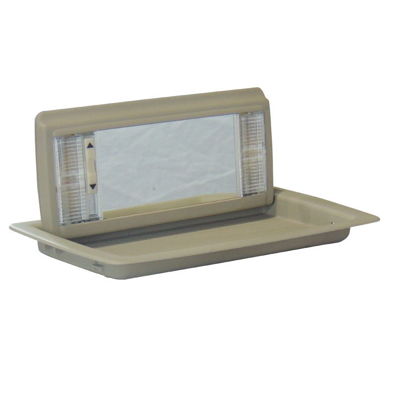 Beige wall-mounted electrical outlet with a transparent cover.
