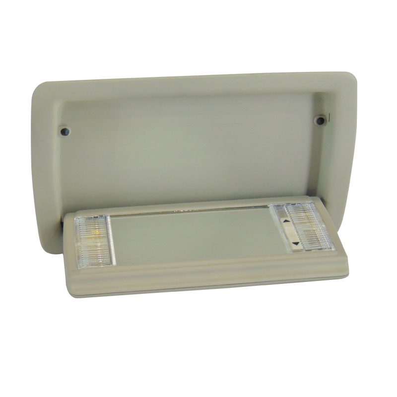 A gray plastic electrical outlet cover with a lid.