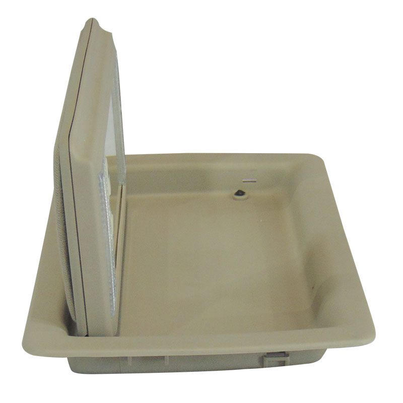 Beige plastic utility box with a hinged lid.